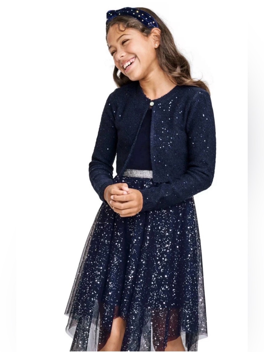 THE CHILDREN’S PLACE Girls Sequin Cardigan - Blue SIZE 7/8 M